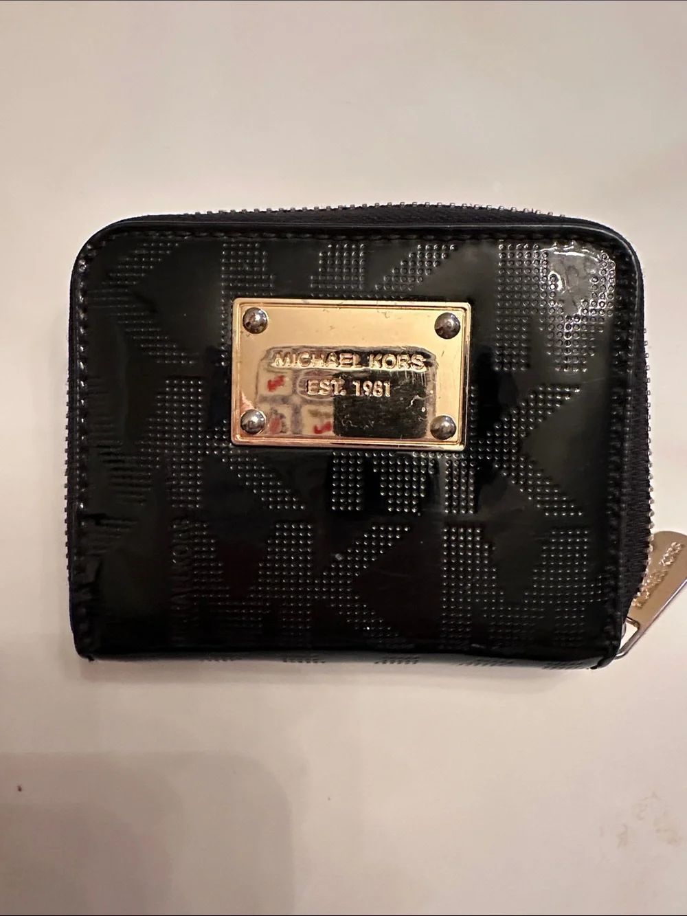 Michael Kors Black Patent Logo Zip-Around Coin Wallet with Gold Plaque